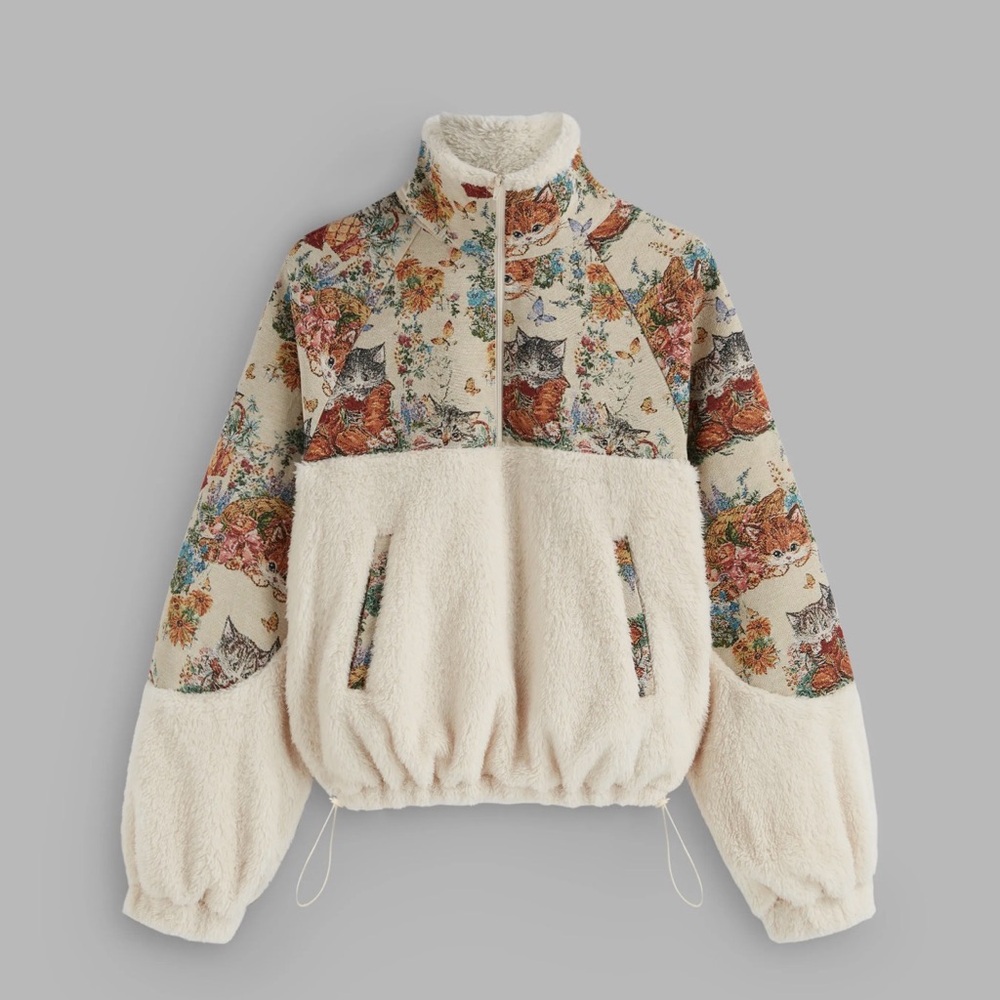 Cider FLEECE COLLAR FLORAL CAT KNOTTED SWEATSHIRT M CM6-9 - Picture 2 of 9